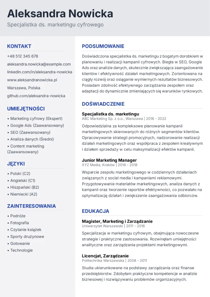 Podgląd szablonu CV - Standardowy Profesjonalny